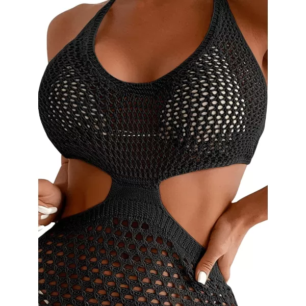 SweatyRocks Women's Backless Halter Dress Hollow Out Knit Beach Dresses Bathing Suit Cover Up