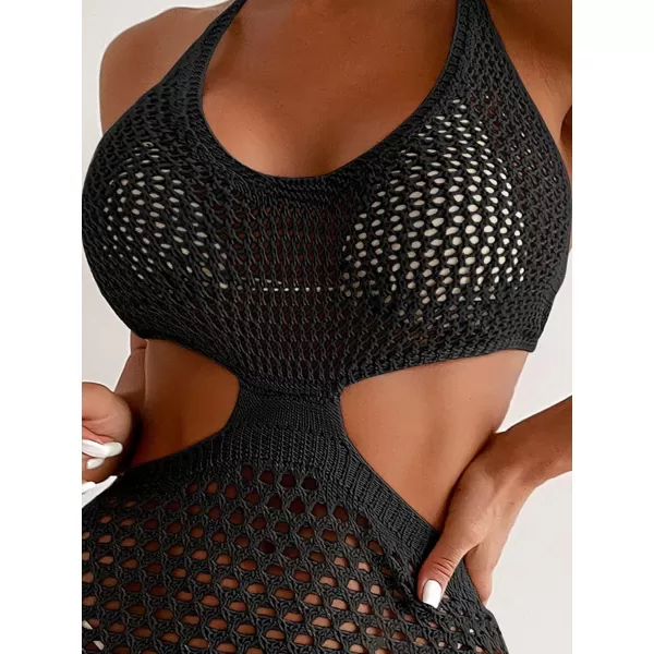 SweatyRocks Women's Backless Halter Dress Hollow Out Knit Beach Dresses Bathing Suit Cover Up