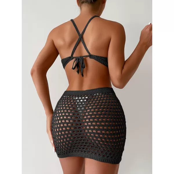 SweatyRocks Women's Backless Halter Dress Hollow Out Knit Beach Dresses Bathing Suit Cover Up