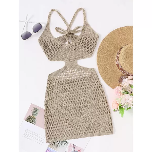 SweatyRocks Women's Backless Halter Dress Hollow Out Knit Beach Dresses Bathing Suit Cover Up