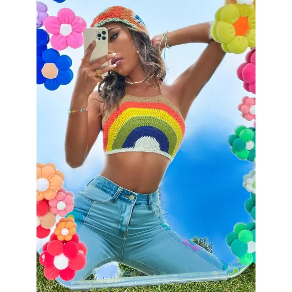 SweatyRocks Women's Backless Rainbow Striped Halter Tie Back Tops Sleeveless Knit Crop Top