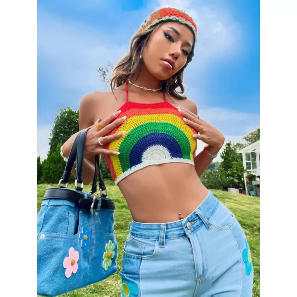 SweatyRocks Women's Backless Rainbow Striped Halter Tie Back Tops Sleeveless Knit Crop Top