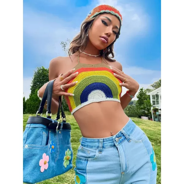 SweatyRocks Women's Backless Rainbow Striped Halter Tie Back Tops Sleeveless Knit Crop Top