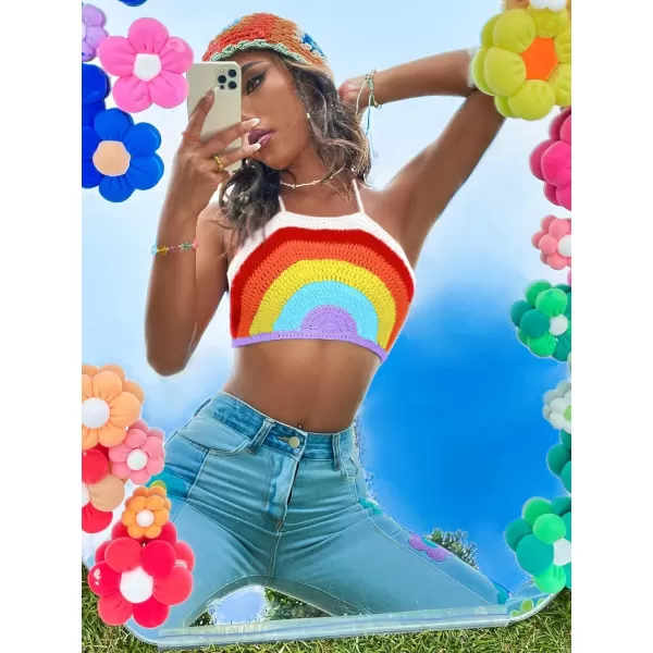 SweatyRocks Women's Backless Rainbow Striped Halter Tie Back Tops Sleeveless Knit Crop Top