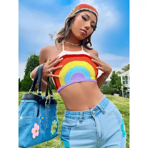 SweatyRocks Women's Backless Rainbow Striped Halter Tie Back Tops Sleeveless Knit Crop Top