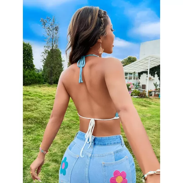 SweatyRocks Women's Backless Rainbow Striped Halter Tie Back Tops Sleeveless Knit Crop Top