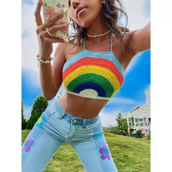 SweatyRocks Women's Backless Rainbow Striped Halter Tie Back Tops Sleeveless Knit Crop Top