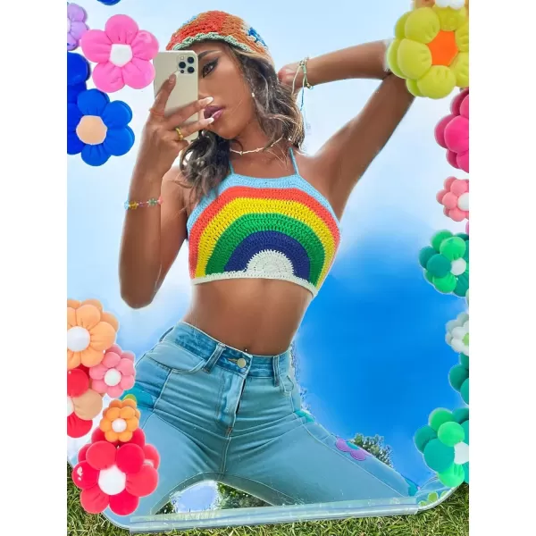 SweatyRocks Women's Backless Rainbow Striped Halter Tie Back Tops Sleeveless Knit Crop Top