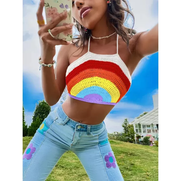 SweatyRocks Women's Backless Rainbow Striped Halter Tie Back Tops Sleeveless Knit Crop Top