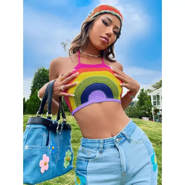 SweatyRocks Women's Backless Rainbow Striped Halter Tie Back Tops Sleeveless Knit Crop Top