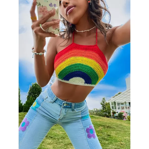 SweatyRocks Women's Backless Rainbow Striped Halter Tie Back Tops Sleeveless Knit Crop Top
