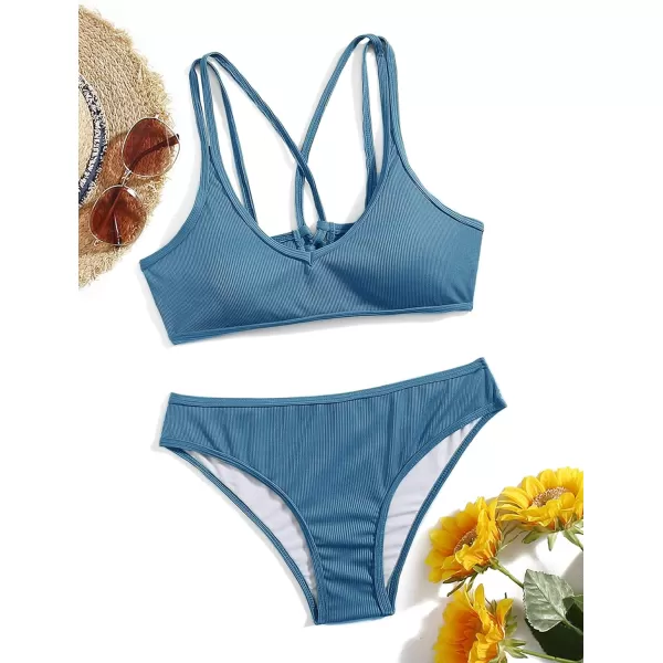 SweatyRocks Women's Bathing Suits Spaghetti Strap Criss Cross Back Bikini Ribbed Swimsuit