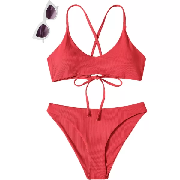 SweatyRocks Women's Bathing Suits Spaghetti Strap Criss Cross Back Bikini Ribbed Swimsuit