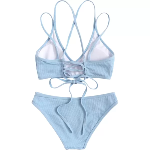 SweatyRocks Women's Bathing Suits Spaghetti Strap Criss Cross Back Bikini Ribbed Swimsuit