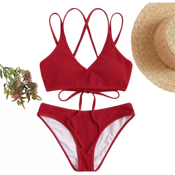 SweatyRocks Women's Bathing Suits Spaghetti Strap Criss Cross Back Bikini Ribbed Swimsuit