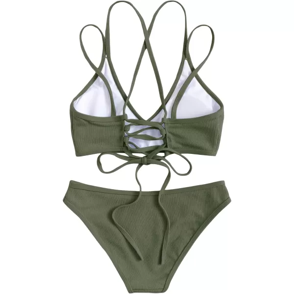 SweatyRocks Women's Bathing Suits Spaghetti Strap Criss Cross Back Bikini Ribbed Swimsuit