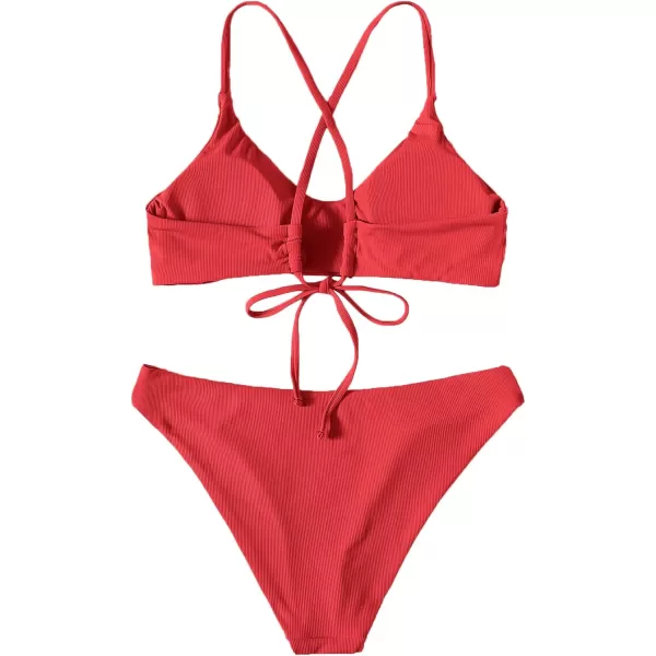 SweatyRocks Women's Bathing Suits Spaghetti Strap Criss Cross Back Bikini Ribbed Swimsuit