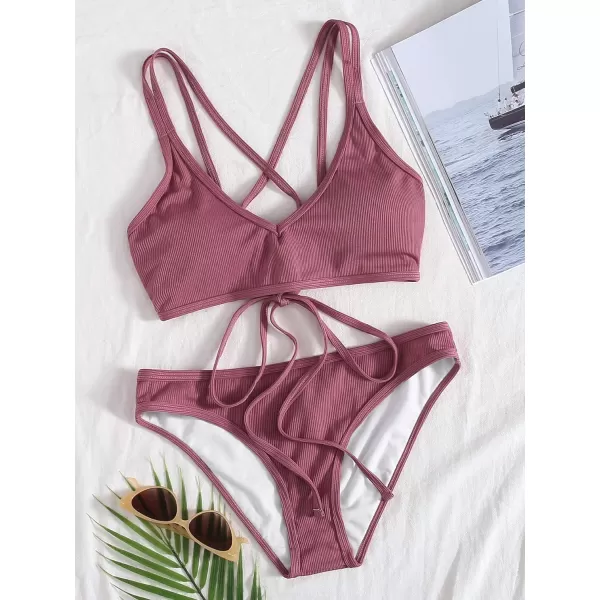 SweatyRocks Women's Bathing Suits Spaghetti Strap Criss Cross Back Bikini Ribbed Swimsuit