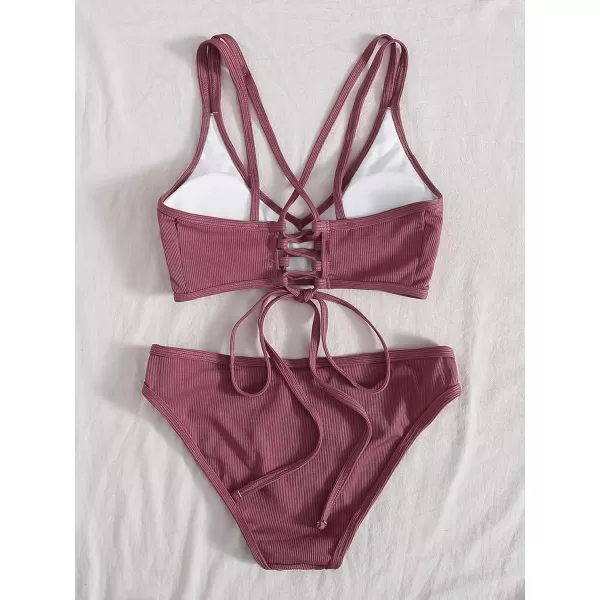 SweatyRocks Women's Bathing Suits Spaghetti Strap Criss Cross Back Bikini Ribbed Swimsuit