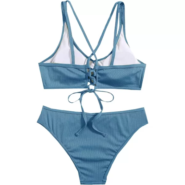 SweatyRocks Women's Bathing Suits Spaghetti Strap Criss Cross Back Bikini Ribbed Swimsuit