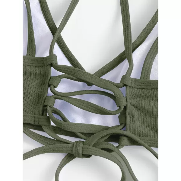 SweatyRocks Women's Bathing Suits Spaghetti Strap Criss Cross Back Bikini Ribbed Swimsuit