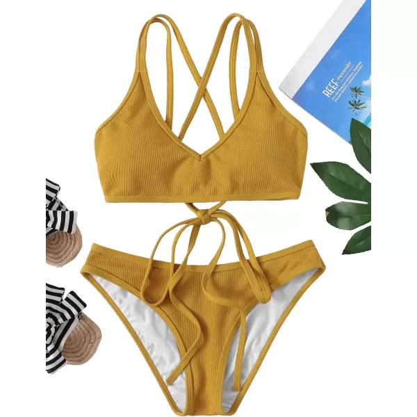 SweatyRocks Women's Bathing Suits Spaghetti Strap Criss Cross Back Bikini Ribbed Swimsuit