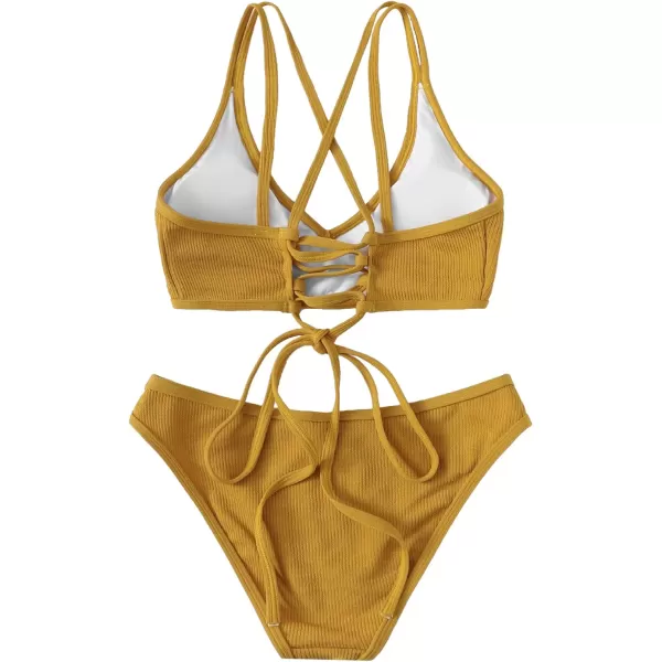 SweatyRocks Women's Bathing Suits Spaghetti Strap Criss Cross Back Bikini Ribbed Swimsuit