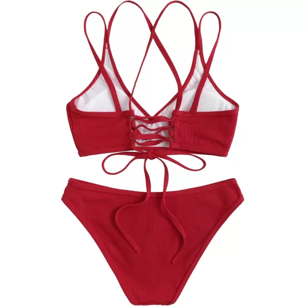SweatyRocks Women's Bathing Suits Spaghetti Strap Criss Cross Back Bikini Ribbed Swimsuit