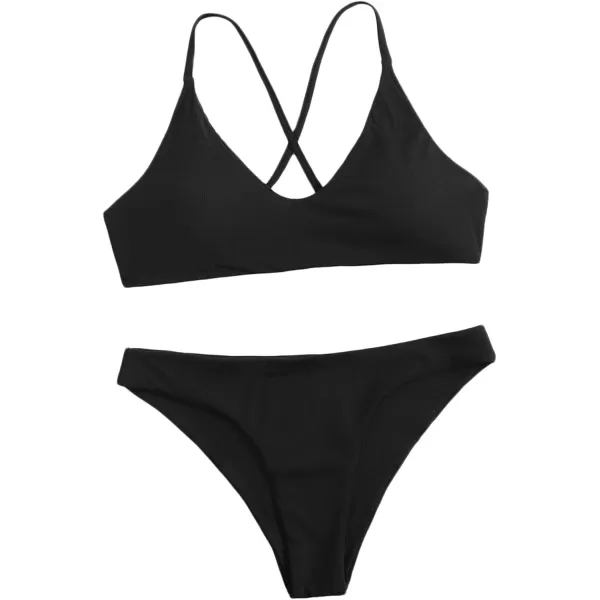 SweatyRocks Women's Bathing Suits Spaghetti Strap Criss Cross Back Bikini Ribbed Swimsuit