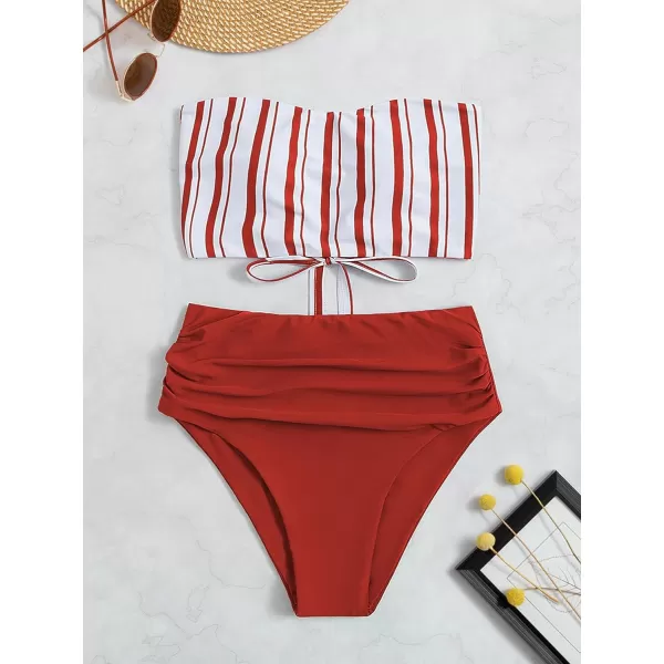 SweatyRocks Women's Bathing Suits Striped Bandeau Bikini high Waisted Swimsuits Swimwear Set