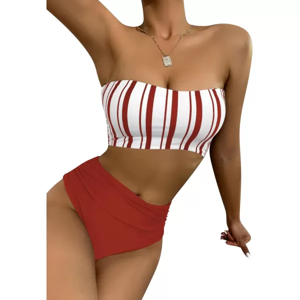 SweatyRocks Women's Bathing Suits Striped Bandeau Bikini high Waisted Swimsuits Swimwear Set