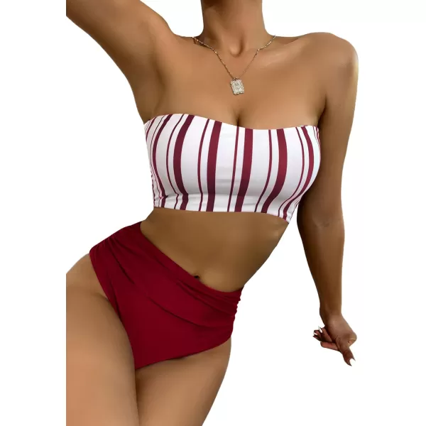 SweatyRocks Women's Bathing Suits Striped Bandeau Bikini high Waisted Swimsuits Swimwear Set