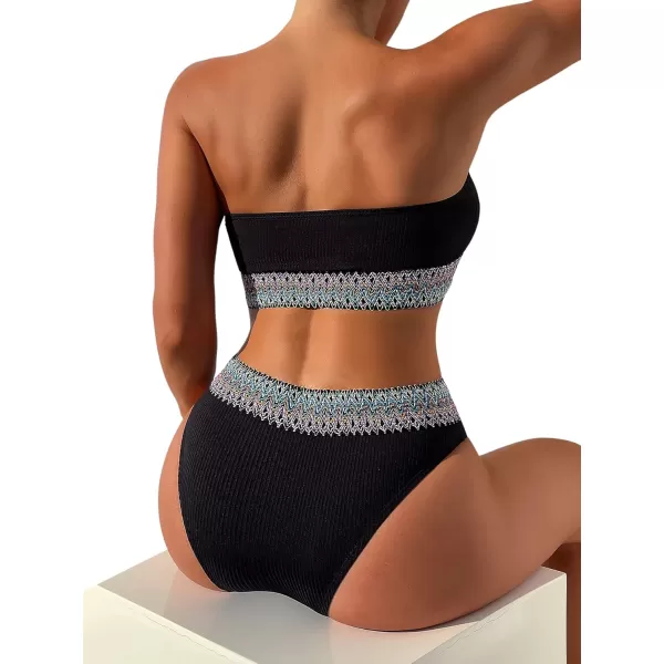 SweatyRocks Women's Bathing Suits Striped Bandeau Bikini high Waisted Swimsuits Swimwear Set