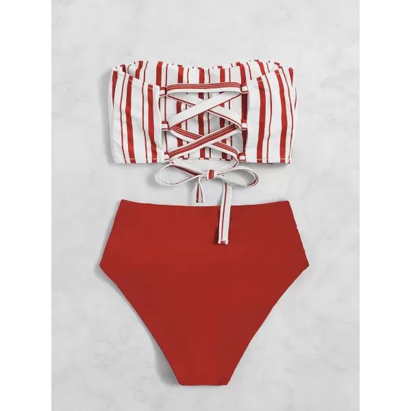 SweatyRocks Women's Bathing Suits Striped Bandeau Bikini high Waisted Swimsuits Swimwear Set