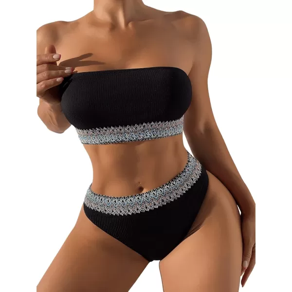 SweatyRocks Women's Bathing Suits Striped Bandeau Bikini high Waisted Swimsuits Swimwear Set