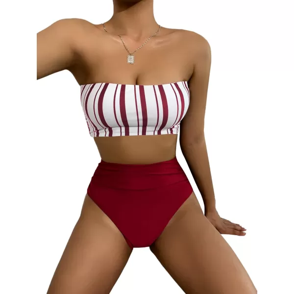 SweatyRocks Women's Bathing Suits Striped Bandeau Bikini high Waisted Swimsuits Swimwear Set