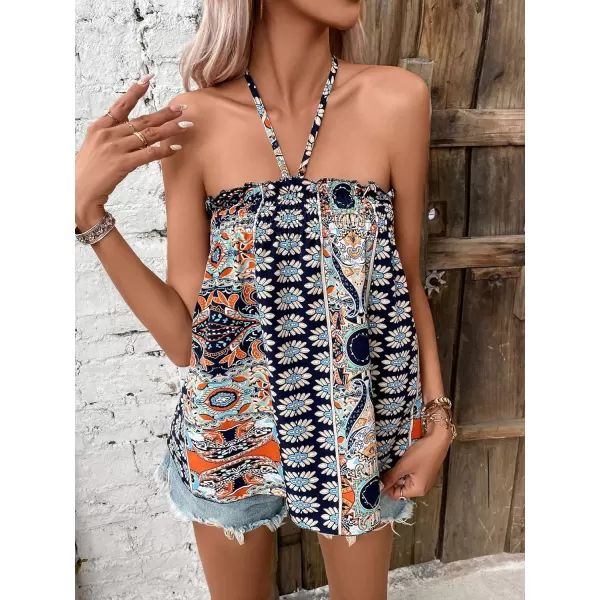 SweatyRocks Women's Boho Floral Print Backless Halter Top Summer Sleeveless Cami Tank Tops