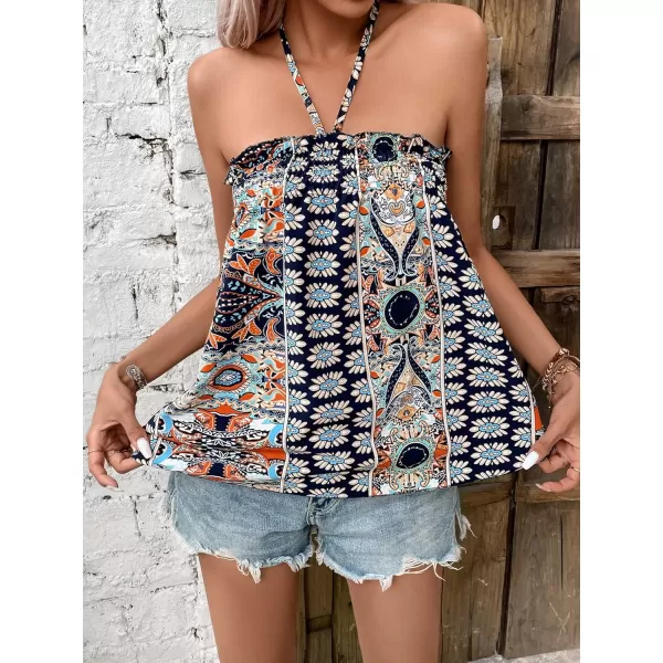 SweatyRocks Women's Boho Floral Print Backless Halter Top Summer Sleeveless Cami Tank Tops