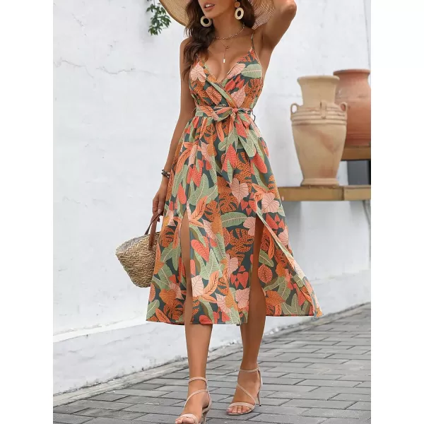 SweatyRocks Women's Boho Floral Print Deep V Neck Wrap Cami Dress Split Thigh Midi Dresses