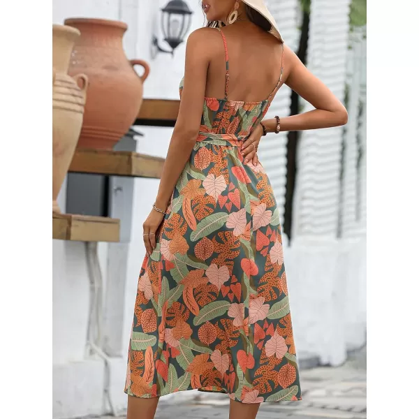 SweatyRocks Women's Boho Floral Print Deep V Neck Wrap Cami Dress Split Thigh Midi Dresses