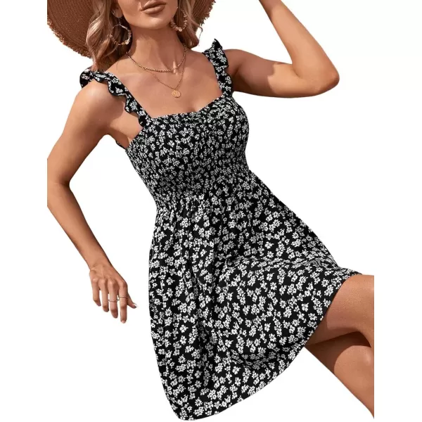 SweatyRocks Women's Boho Floral Print Tie Shoulder Cami Mini Dress A Line Ruffle Hem Short Dresses