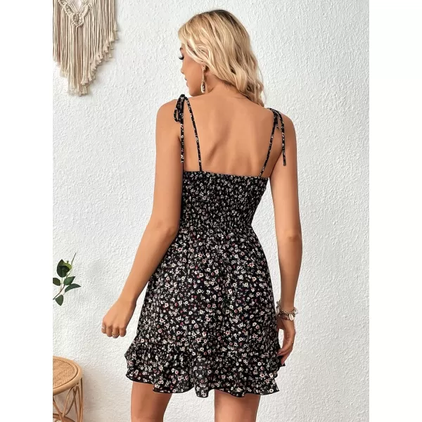 SweatyRocks Women's Boho Floral Print Tie Shoulder Cami Mini Dress A Line Ruffle Hem Short Dresses