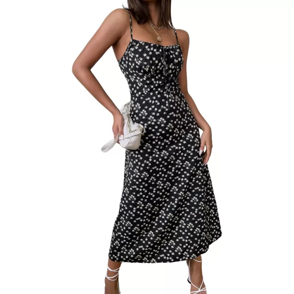 SweatyRocks Women's Boho Sleeveless Floral Dress Tie Front Flared Cami Maxi Dresses