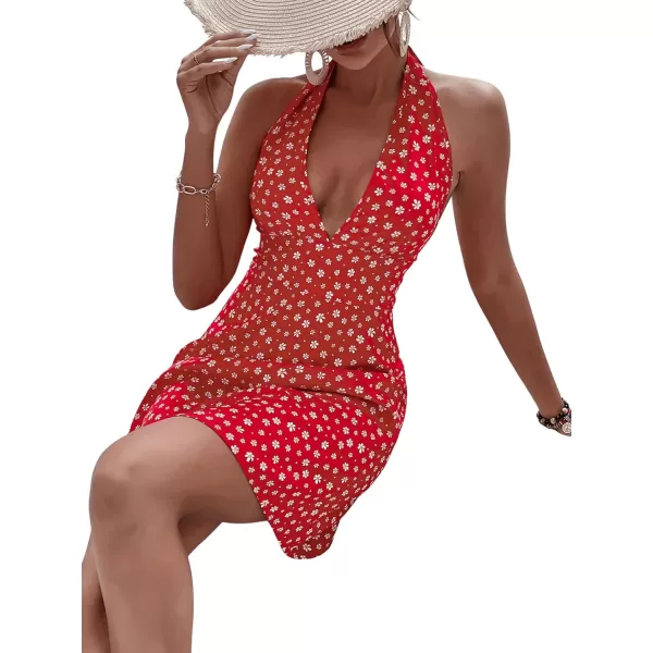 SweatyRocks Women's Boho Sleeveless Halter Floral Dress Tie Backless A Line Mini Dresses