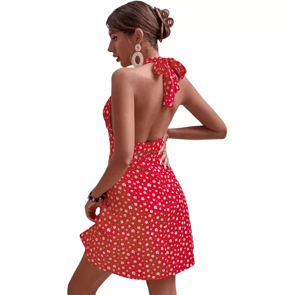 SweatyRocks Women's Boho Sleeveless Halter Floral Dress Tie Backless A Line Mini Dresses