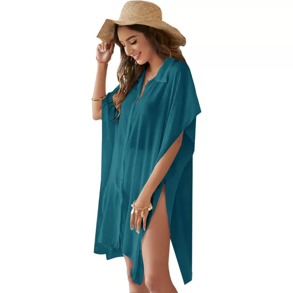 SweatyRocks Women's Button Up Tie Front Kimono Short Sleeve Swimwear Cover Up