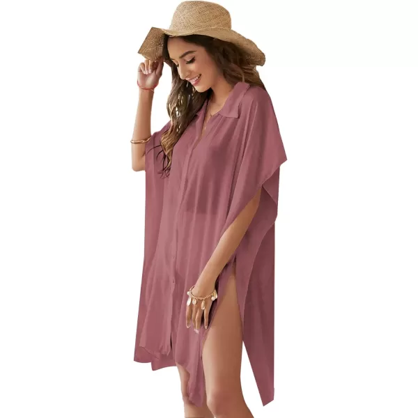 SweatyRocks Women's Button Up Tie Front Kimono Short Sleeve Swimwear Cover Up