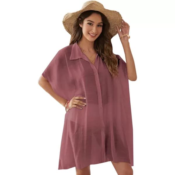 SweatyRocks Women's Button Up Tie Front Kimono Short Sleeve Swimwear Cover Up