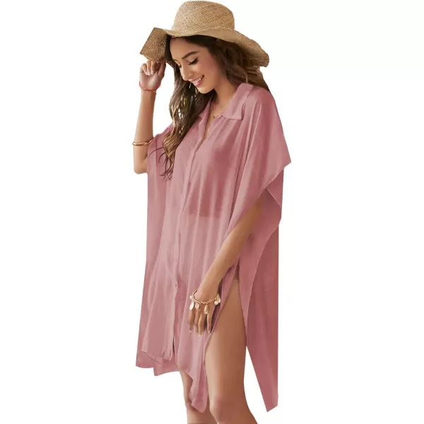 SweatyRocks Women's Button Up Tie Front Kimono Short Sleeve Swimwear Cover Up