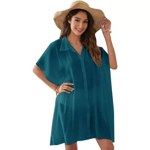 SweatyRocks Women's Button Up Tie Front Kimono Short Sleeve Swimwear Cover Up